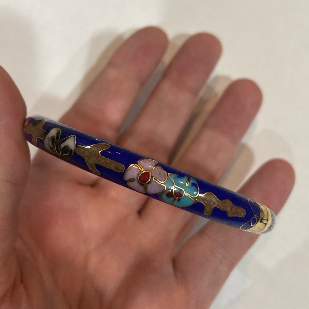 Cloisonné Hinged Bangle Bracelet Blue Pink Brown Yellow Good Used Condition
